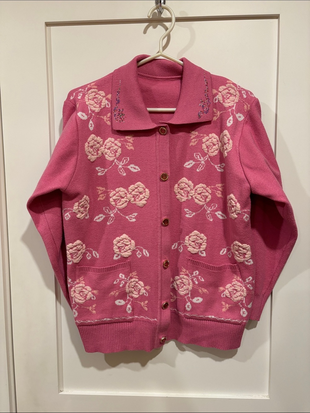 Bubblegum pink sweater with bling and roses